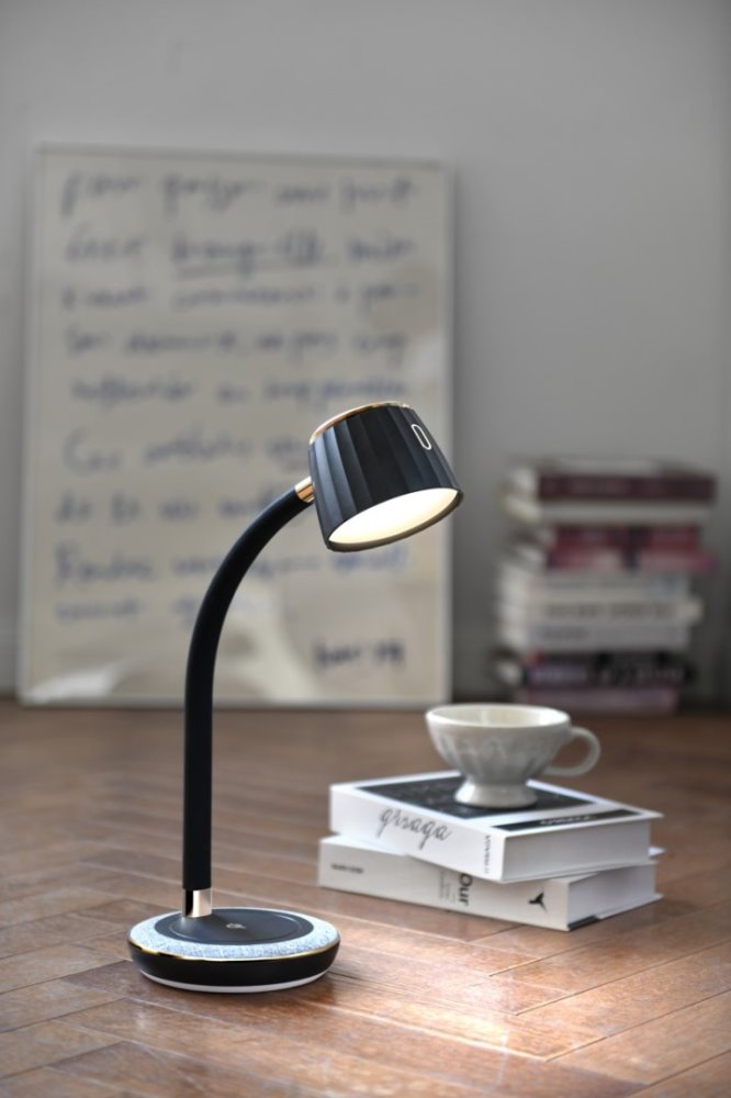 IMMAX LED stolní lampička PERLA/ Qi nabíjení/ 18W/ DC 12V/1,5A/ 270lm/ černo-šedá/ kovový detail