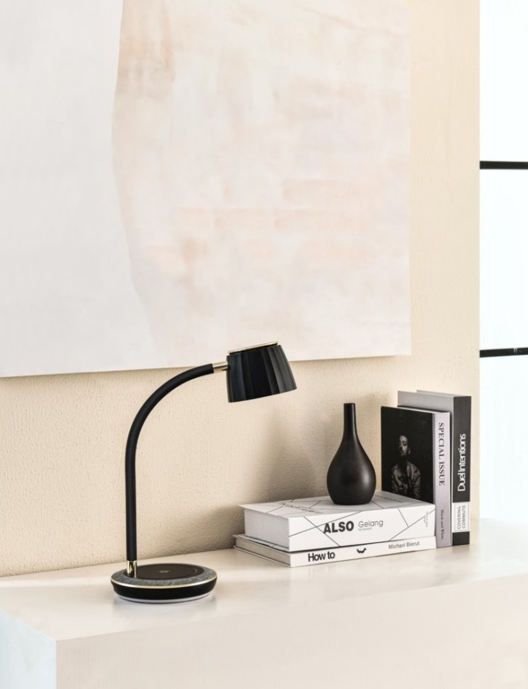 IMMAX LED stolní lampička PERLA/ Qi nabíjení/ 18W/ DC 12V/1,5A/ 270lm/ černo-šedá/ kovový detail