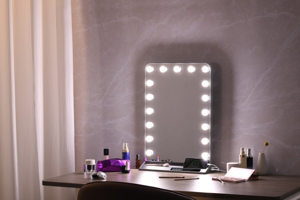 IMMAX LED zrcadlo HOLLYWOOD Make-up/ CCT/ LCD display/ USB C/A výstupy/ šedé