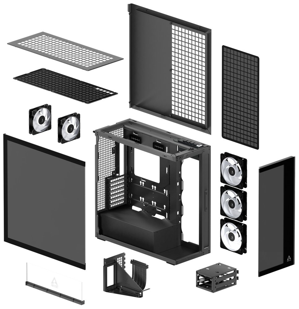 ARCTIC skříň Xtender / E-ATX / 2x120mm ARGB fan / 2xUSB / USB-C / vertical GPU kit / tónované sklo / černá