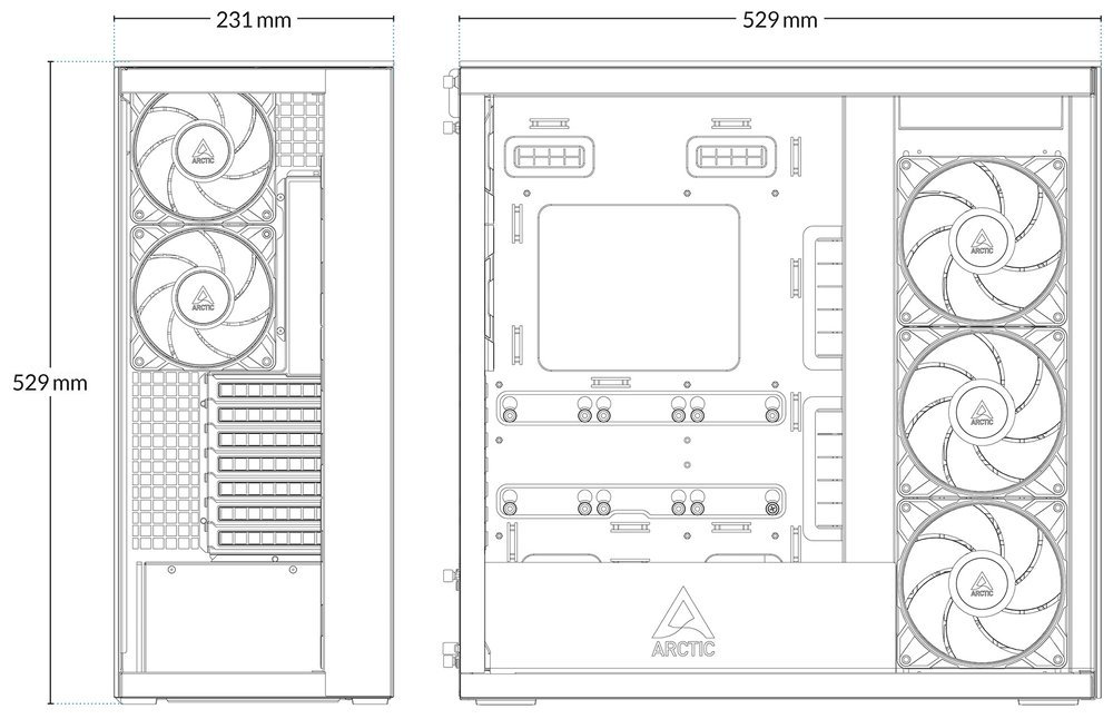 ARCTIC skříň Xtender / E-ATX / 2x120mm ARGB fan / 2xUSB / USB-C / vertical GPU kit / tónované sklo / černá