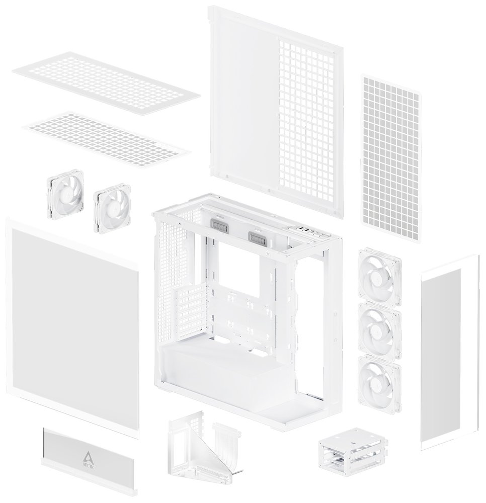 ARCTIC skříň Xtender / E-ATX / 2x120mm ARGB fan / 2xUSB / USB-C / vertical GPU kit / čiré sklo / bílá