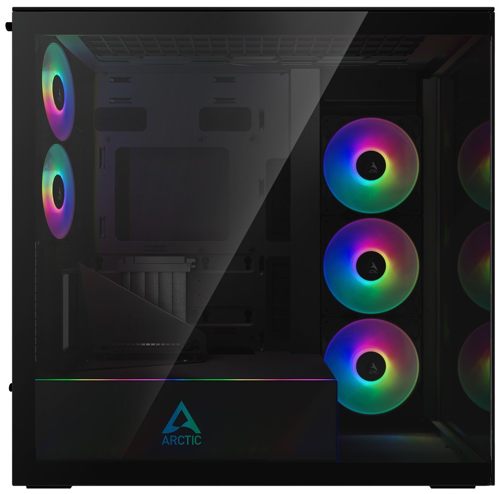 ARCTIC skříň Xtender / E-ATX / 2x120mm ARGB fan / 2xUSB / USB-C / vertical GPU kit / zrcadlové sklo / černá