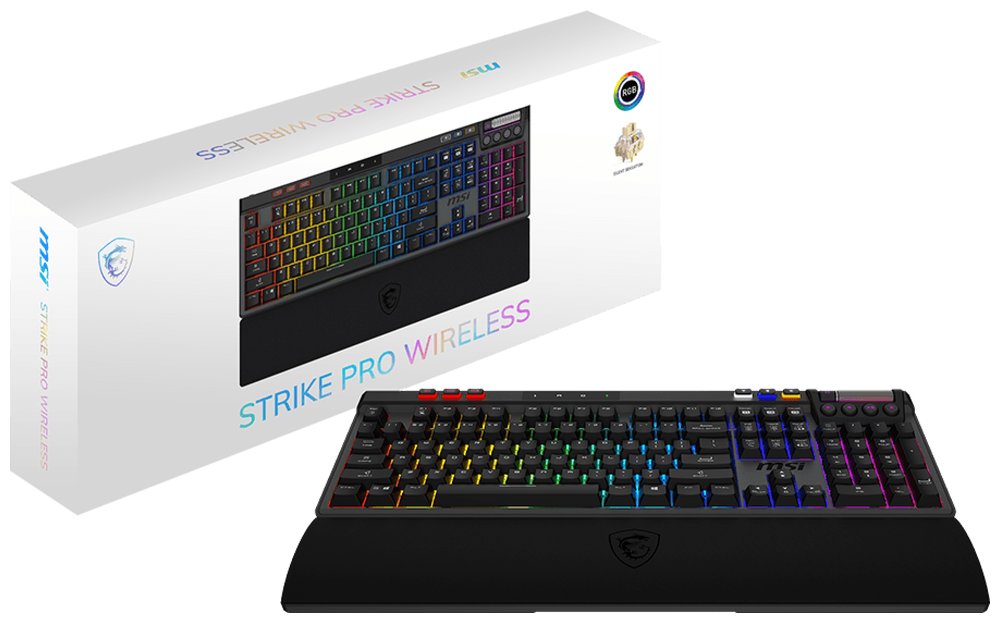 MSI herní klávesnice STRIKE PRO Wireless Silent/ bezdrátová 2,4GHz+BT/ mechanická/ RGB/ USB/ předložka/ US layout