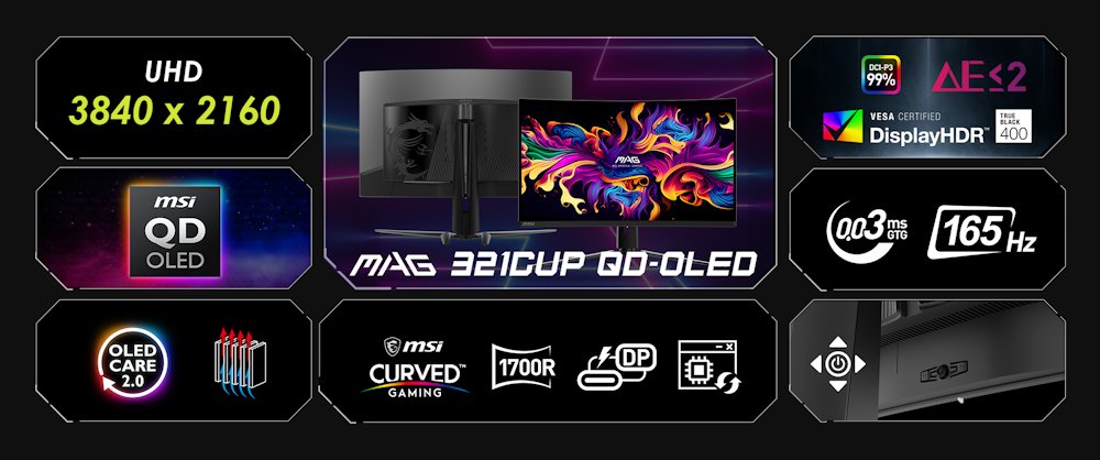 MSI Gaming MAG 21CUP QD-OLED/ 31,5" zakřivený/ 3840 x 2160/ UHD/ 0,03ms/ 165Hz/ 250cd/m2/ 1,5M:1/ HDMI/ DP/ VESA/ černý