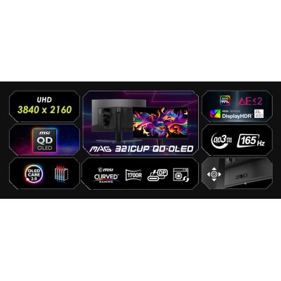 MSI Gaming MAG 21CUP QD-OLED/ 31,5" zakřivený/ 3840 x 2160/ UHD/ 0,03ms/ 165Hz/ 250cd/m2/ 1,5M:1/ HDMI/ DP/ VESA/ černý
