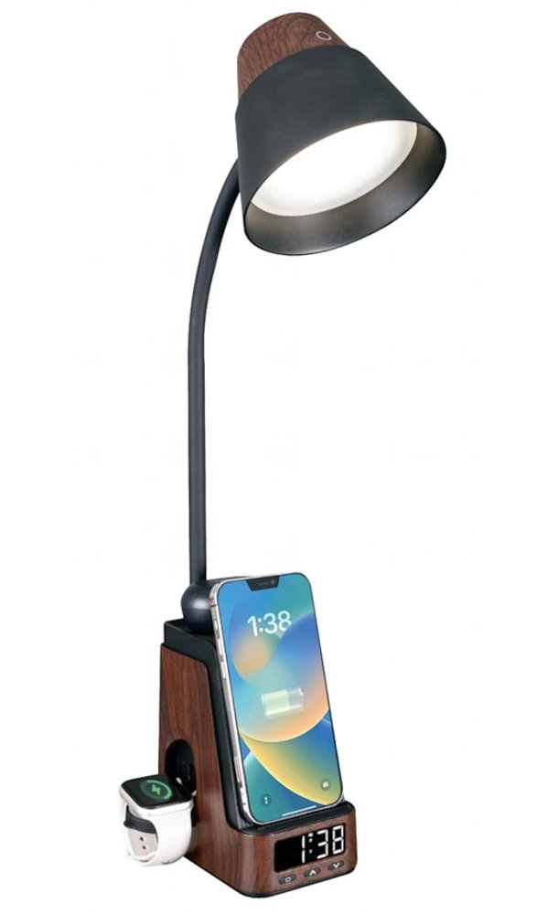 IMMAX LED stolní lampička IDEAL/ Qi nabíjení/ CCT/ 8W/ 800lm/ budík s hodinami/ tmavé dřevo/černá