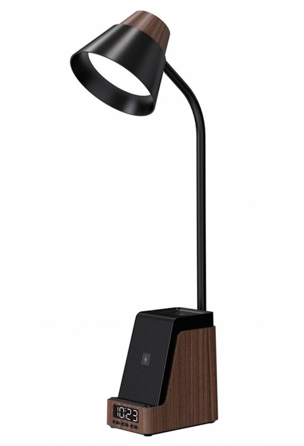 IMMAX LED stolní lampička IDEAL/ Qi nabíjení/ CCT/ 8W/ 800lm/ budík s hodinami/ tmavé dřevo/černá