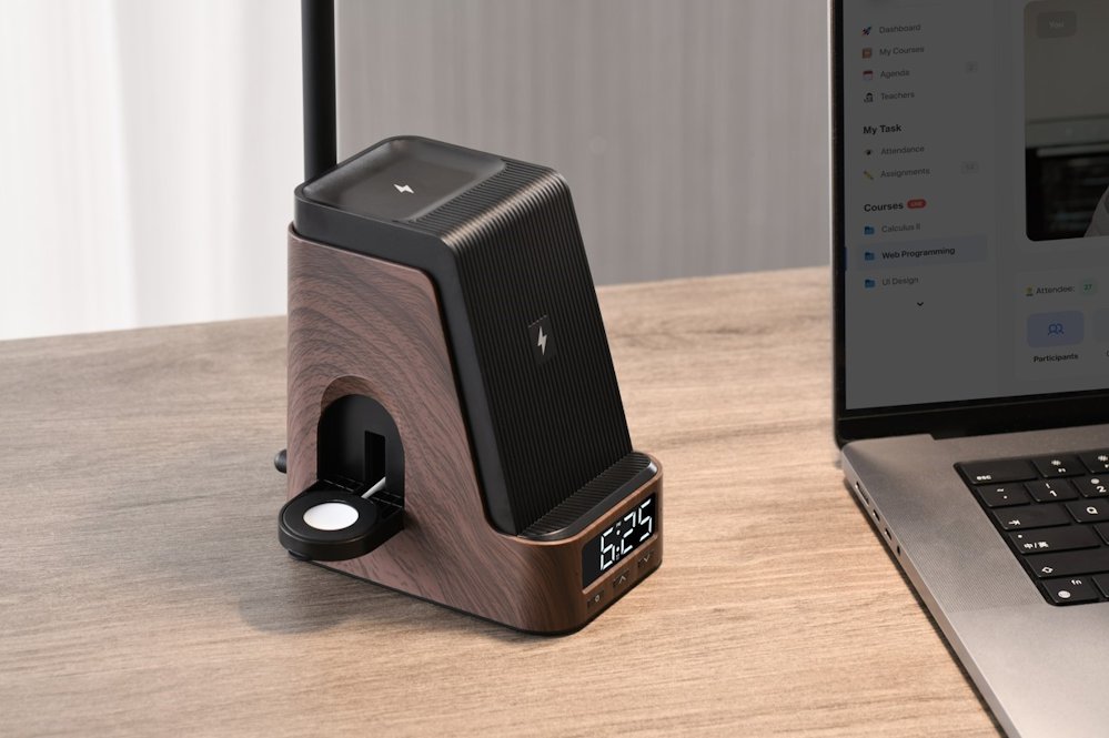 IMMAX LED stolní lampička IDEAL/ Qi nabíjení/ CCT/ 8W/ 800lm/ budík s hodinami/ tmavé dřevo/černá