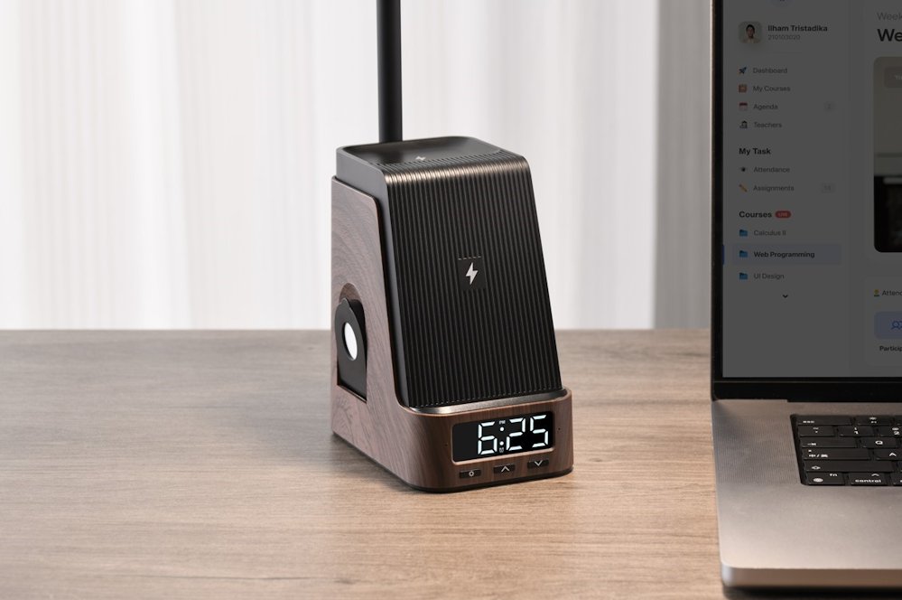 IMMAX LED stolní lampička IDEAL/ Qi nabíjení/ CCT/ 8W/ 800lm/ budík s hodinami/ tmavé dřevo/černá