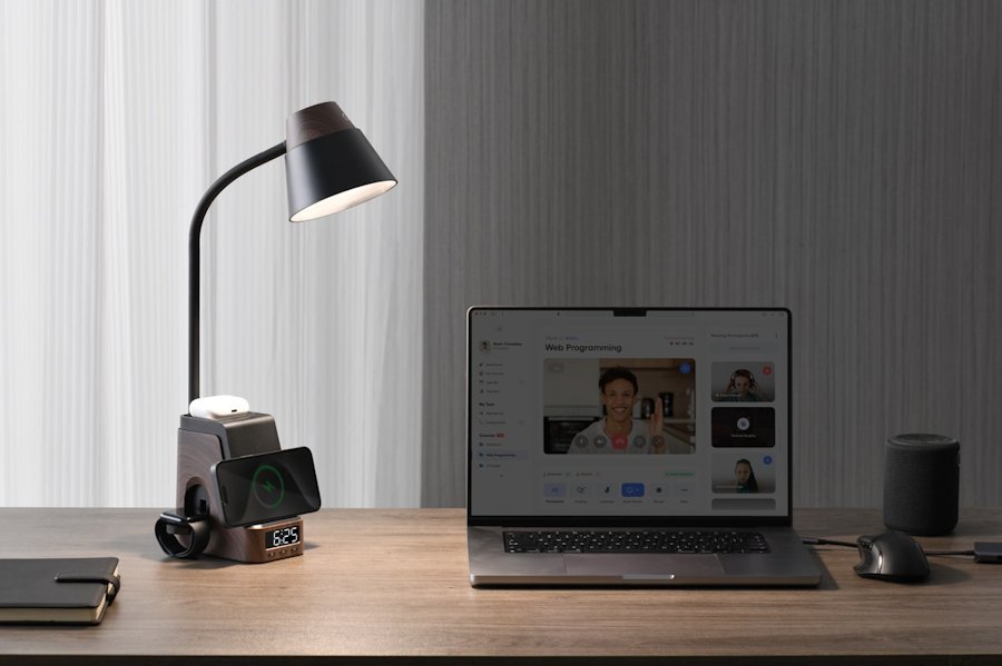 IMMAX LED stolní lampička IDEAL/ Qi nabíjení/ CCT/ 8W/ 800lm/ budík s hodinami/ tmavé dřevo/černá