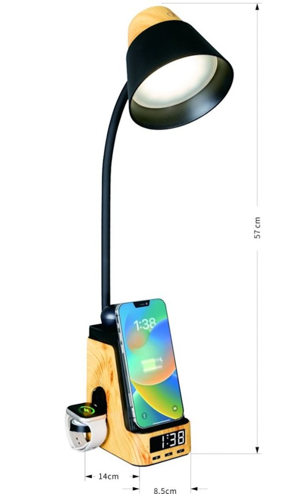 IMMAX LED stolní lampička IDEAL/ Qi nabíjení/ CCT/ 8W/ 800lm/ budík s hodinami/ světlé dřevo/černá