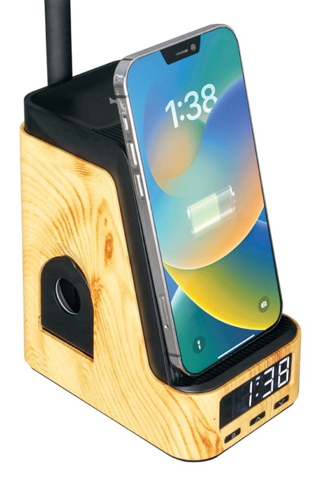 IMMAX LED stolní lampička IDEAL/ Qi nabíjení/ CCT/ 8W/ 800lm/ budík s hodinami/ světlé dřevo/černá