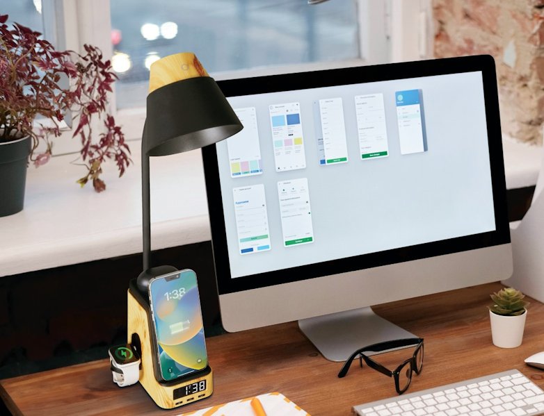 IMMAX LED stolní lampička IDEAL/ Qi nabíjení/ CCT/ 8W/ 800lm/ budík s hodinami/ světlé dřevo/černá