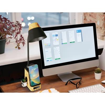 IMMAX LED stolní lampička IDEAL/ Qi nabíjení/ CCT/ 8W/ 800lm/ budík s hodinami/ světlé dřevo/černá