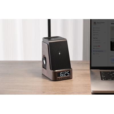 IMMAX LED stolní lampička IDEAL/ Qi nabíjení/ CCT/ 8W/ 800lm/ budík s hodinami/ tmavé dřevo/černá