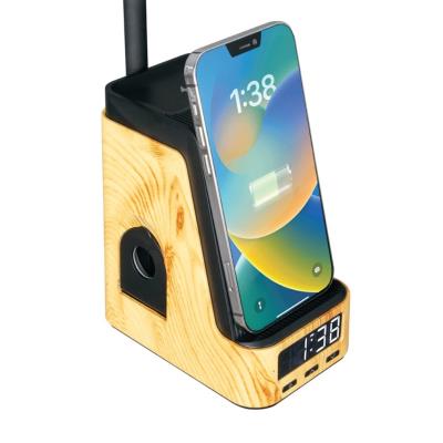 IMMAX LED stolní lampička IDEAL/ Qi nabíjení/ CCT/ 8W/ 800lm/ budík s hodinami/ světlé dřevo/černá