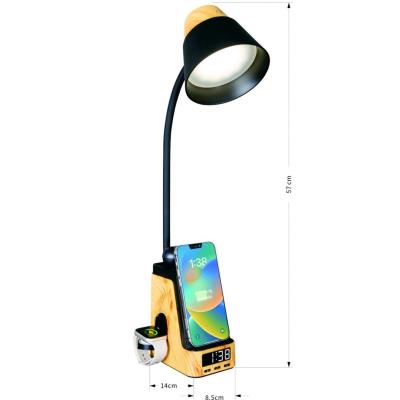 IMMAX LED stolní lampička IDEAL/ Qi nabíjení/ CCT/ 8W/ 800lm/ budík s hodinami/ světlé dřevo/černá