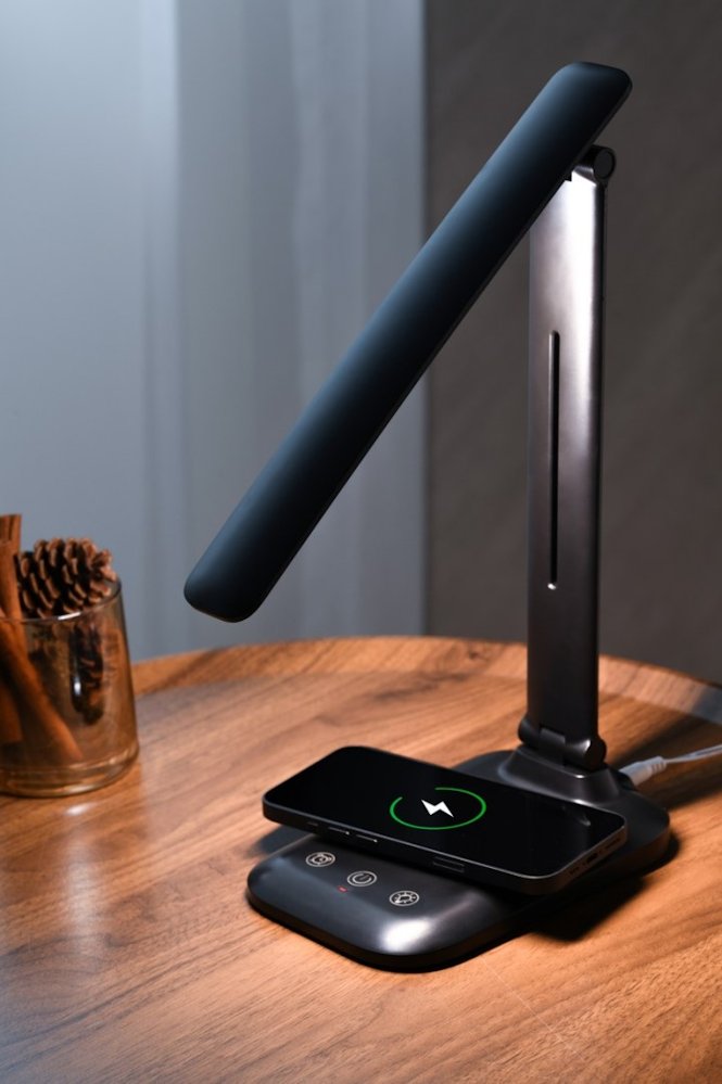 IMMAX LED stolní lampička LUMI/ Qi nabíjení/ 7W/ 300lm/ 12V/2A/ stmívatelná/ černá