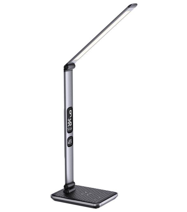 IMMAX LED stolní lampička HERON NEW/ Qi nabíjení/ 8,5W/ DC 12V/2A/ stmívatelná/ sklápěcí rameno/ stříbrná