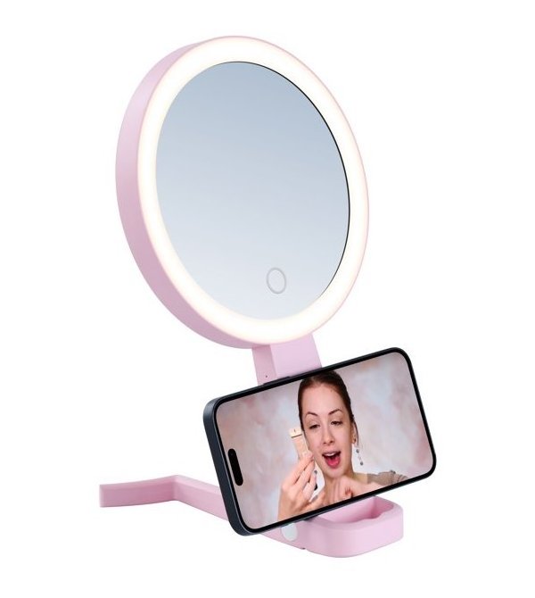 IMMAX LED kosmetické zrcátko SWEET Make up/ oboustranné/ 10x zvětšovací/ CCT/ stojánek na mobil/ růžové