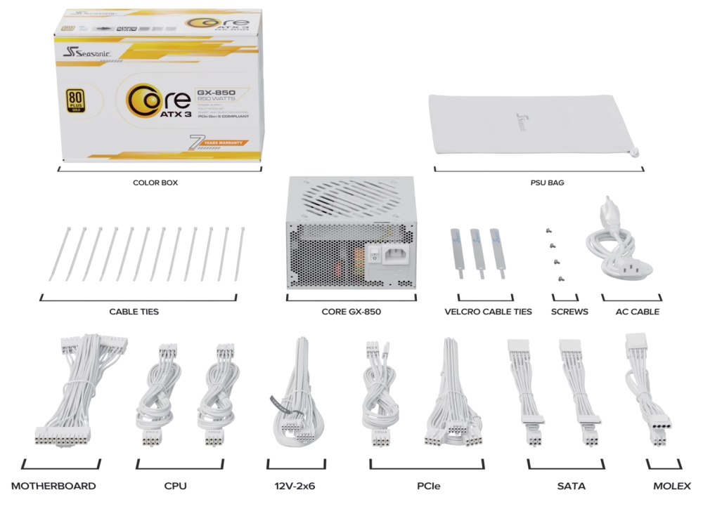 SEASONIC zdroj Core GX-850 bílý / 850W / ATX3.1 / 120mm fan / modulární / 80PLUS Gold
