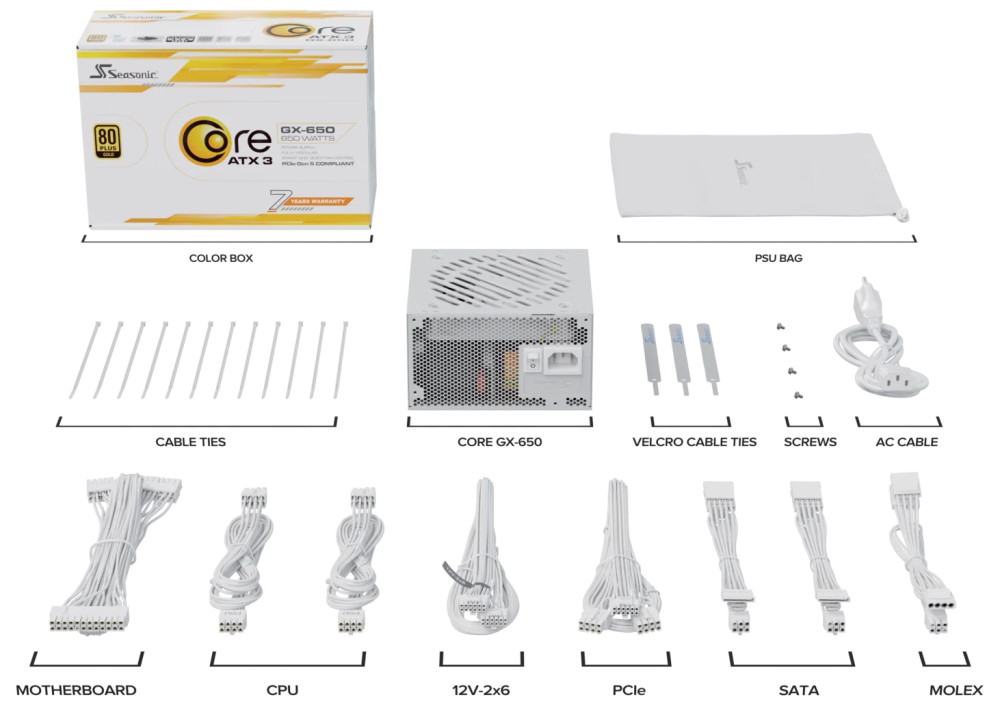 SEASONIC zdroj Core GX-650 bílý / 650W / ATX3.1 / 120mm fan / modulární / 80PLUS Gold