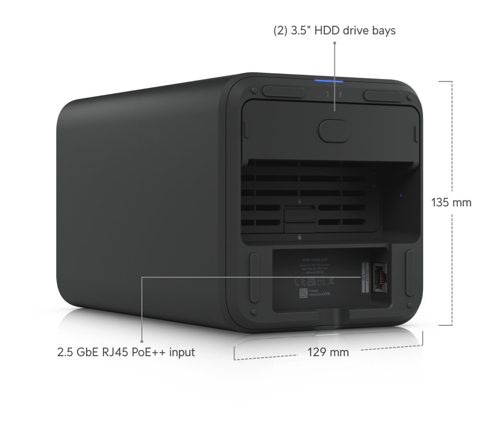 Ubiquiti UniFi UNAS 2 B - NAS server, 2x 3,5" slot HDD/SSD, RAID, 2.5GbE, 5Gbps USB-C, PoE++, černý
