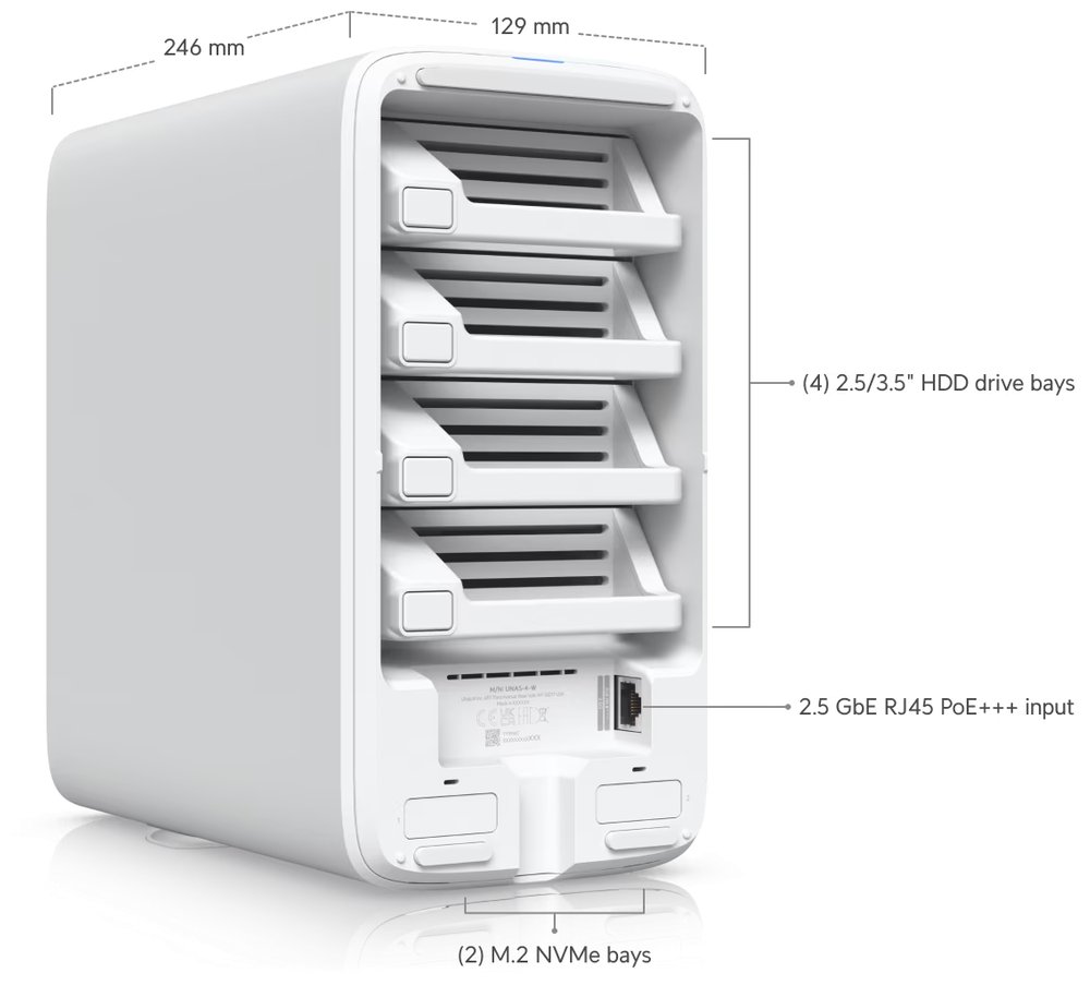 Ubiquiti UniFi UNAS 4 W - NAS server, 4x 3,5" slot HDD, 2x M.2 NVMe SSD slot, RAID, 2.5GbE, 5Gbps USB-C, PoE+++, bílý