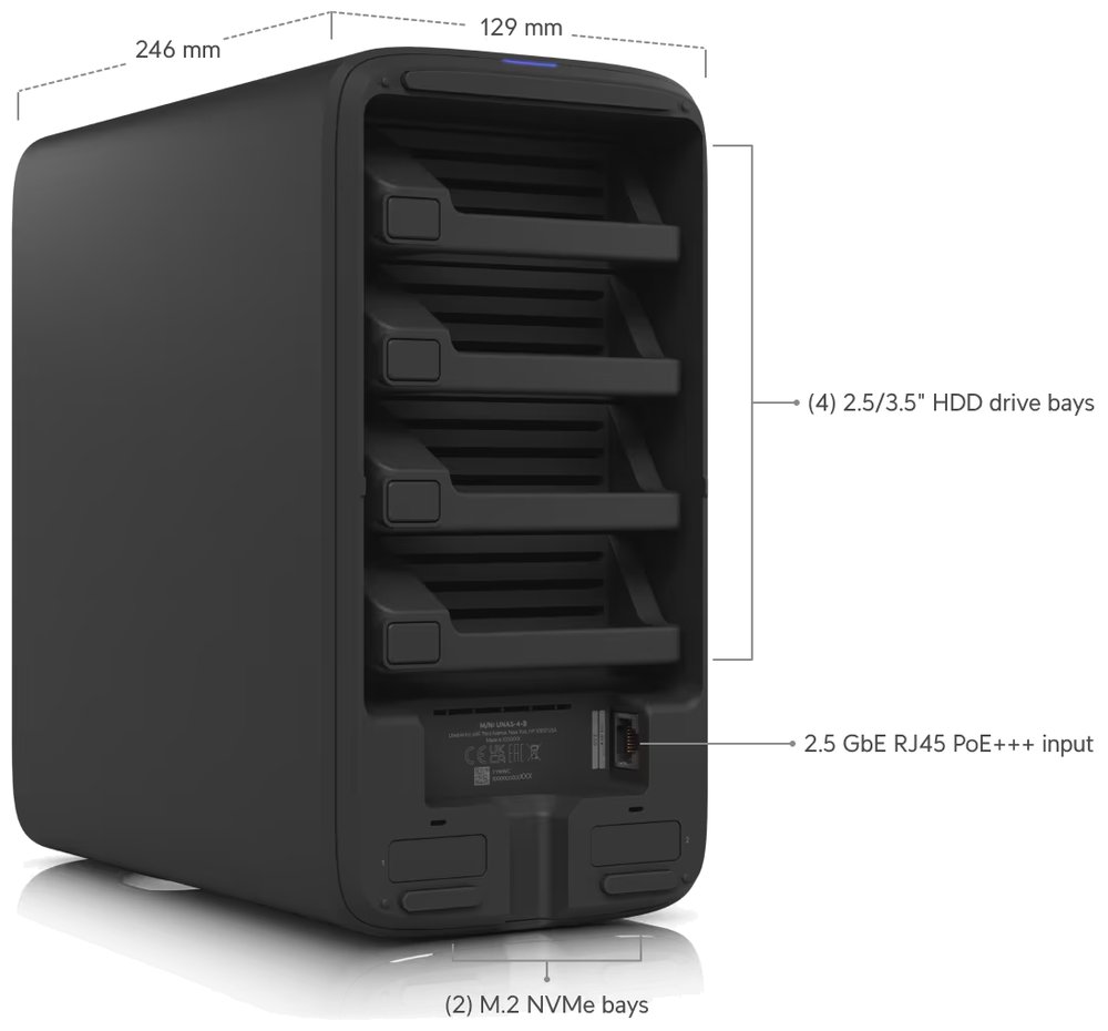 Ubiquiti UniFi UNAS 4 B - NAS server, 4x 3,5" slot HDD, 2x M.2 NVMe SSD slot, RAID, 2.5GbE, 5Gbps USB-C, PoE+++, černý