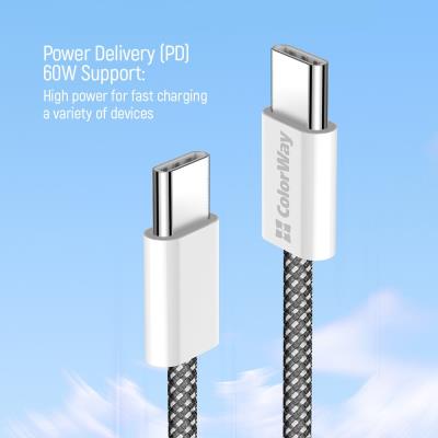 COLORWAY Datový Kabel USB-C/ USB-C/ 3A/ Fast Charging 60W/ 1m/ Černý