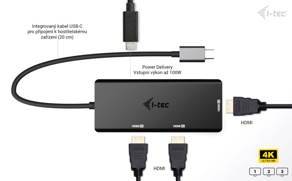 i-tec USB-C Triple 4K HDMI video adaptér, Power Delivery 100W