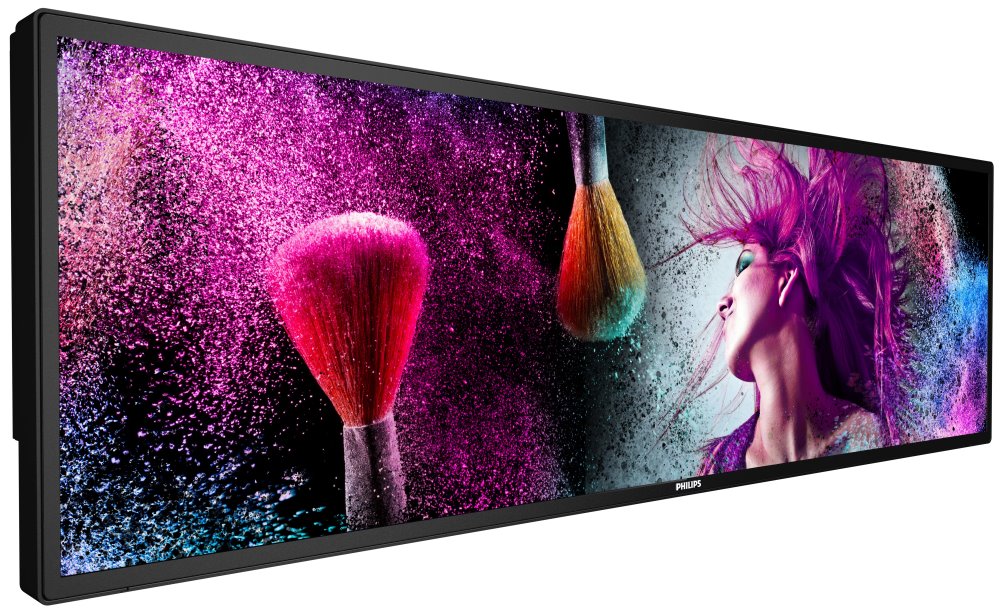 Philips IPS panel – 37" D-LED displej, rozlišení 1920×540, jas 700 cd/m2, AN, provoz 24/7