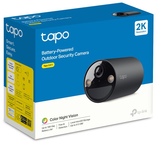 TP-Link Tapo C411 WiFi Kamera, venkovní, 2K, 2304 x 1296, audio, IR 9m, MicroSD, IP65, baterie 6400 mAh
