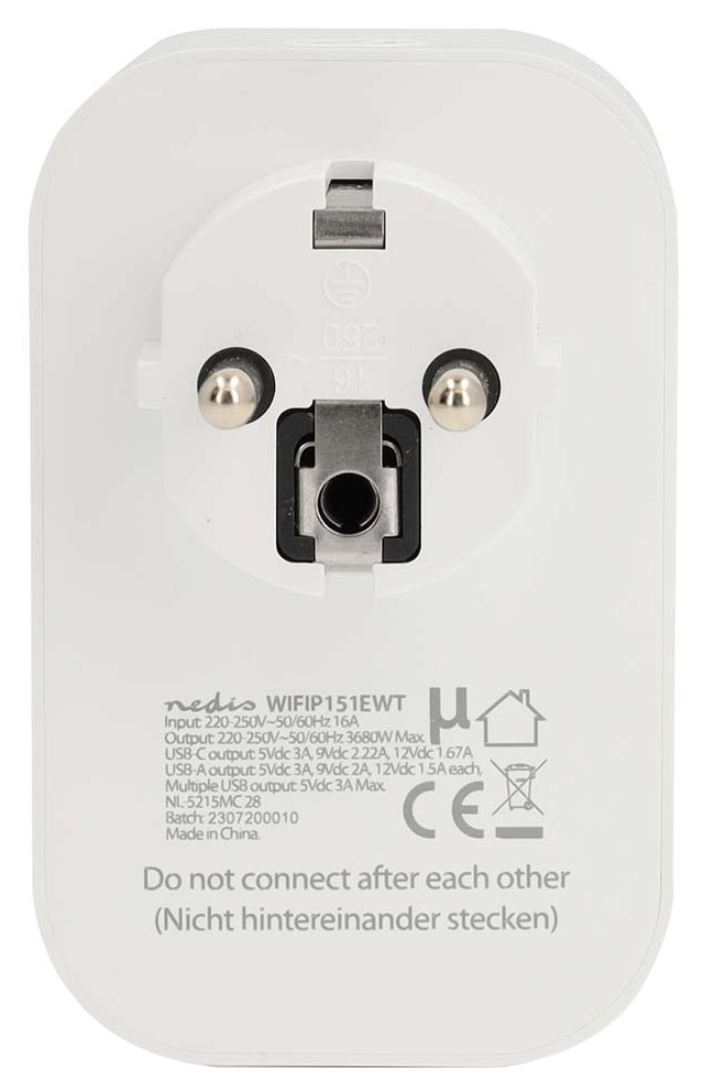 NEDIS Wi-Fi chytrá zásuvka/ měřič spotřeby/ 16A/ francouzský typ E/ IP21/ 3680 W/ 1x USB-C/ 2x USB/ bílá