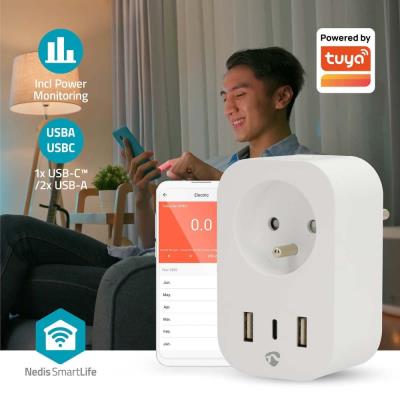 NEDIS Wi-Fi chytrá zásuvka/ měřič spotřeby/ 16A/ francouzský typ E/ IP21/ 3680 W/ 1x USB-C/ 2x USB/ bílá