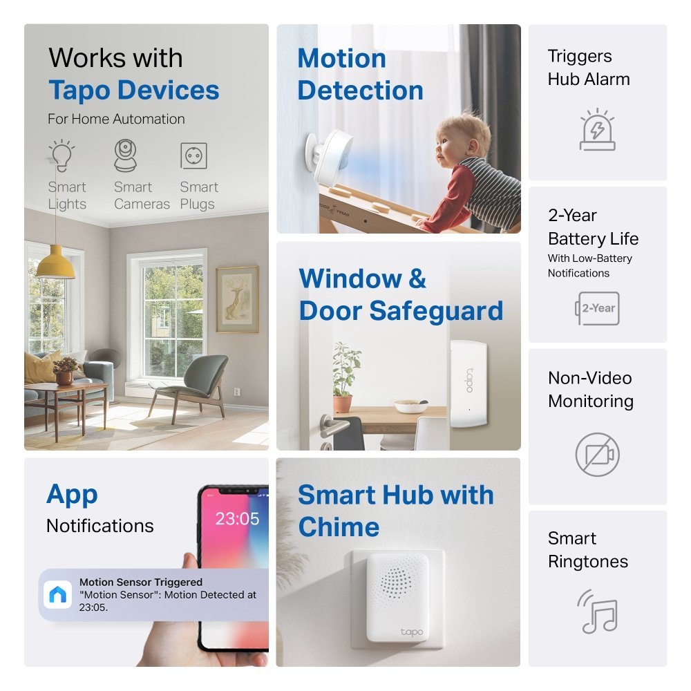 TP-Link Tapo T30 KIT, 1×Tapo T100, 2×Tapo T110, 1×Tapo H100, pohybový senzor, dveřní senzor, hub se zvonkem