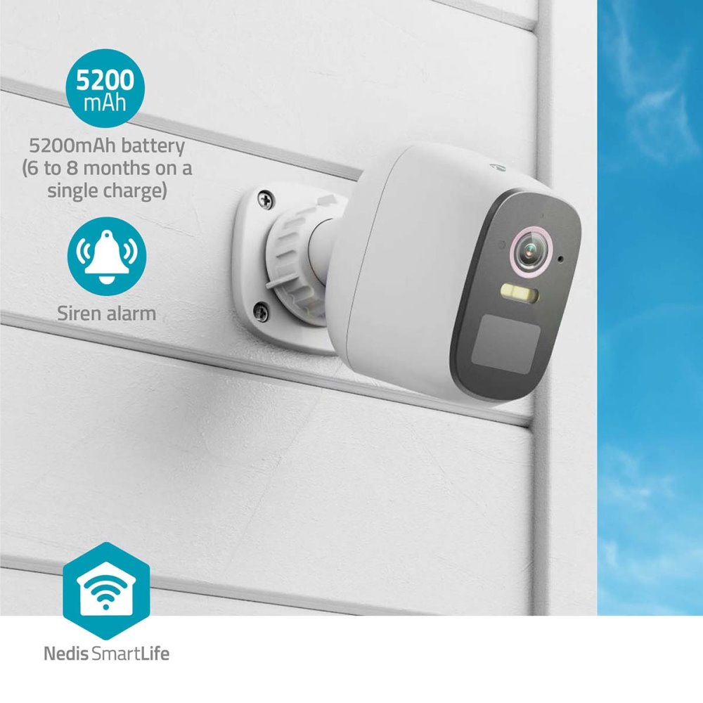 NEDIS IP kamera/ venkovní/ IP66/ Wi-Fi/ 4Mpix/ 1440p/ dobíjecí/ reflektor/ detekce pohybu/ noční vidění 8m/ bílá
