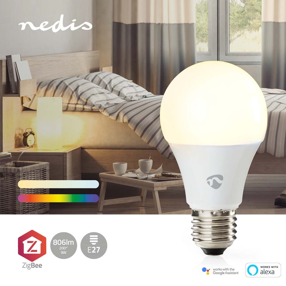 NEDIS chytrá LED žárovka/ Zigbee 3.0/ E27/ A60/ 9W/ 230V/ 470lm/ teplá až studená bíla/ 2700 - 6500K/ RGB/ stmívatelná
