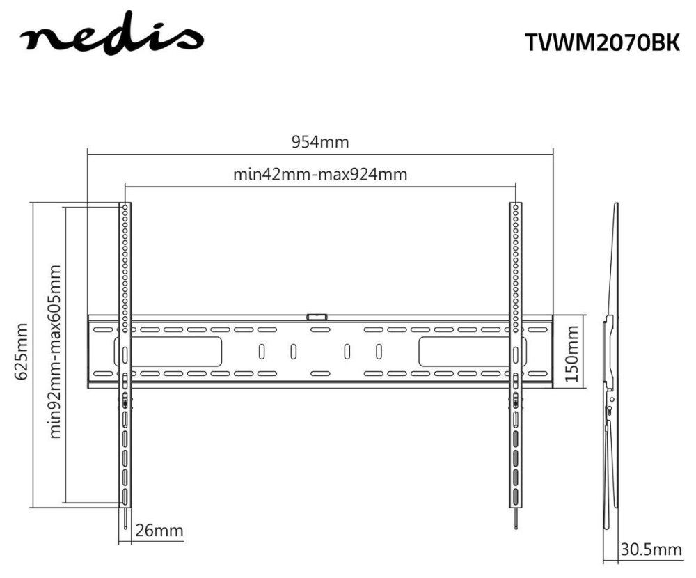 NEDIS nástěnný TV držák/ 60 - 100"/ nosnost 75 kg/ vzdálenost od stěny 30,5 mm/ fixní/ ocel/ černý