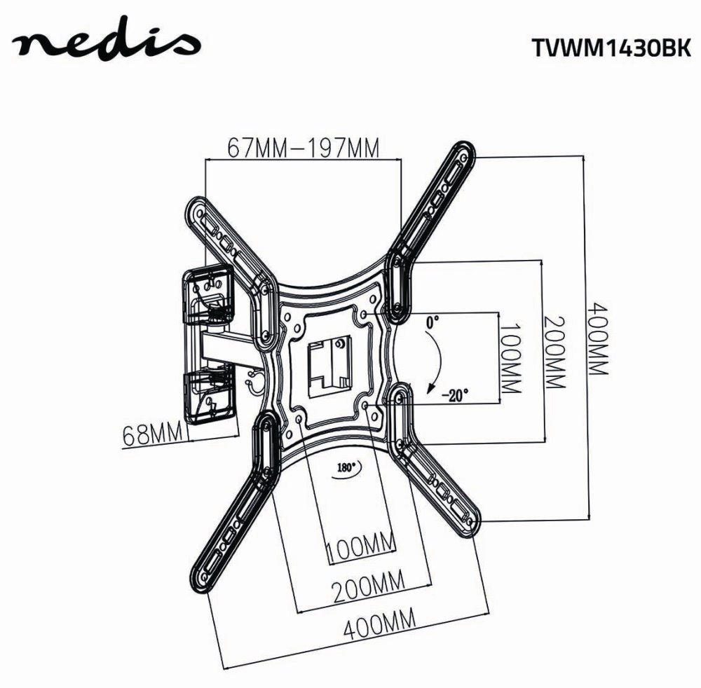 NEDIS nástěnný TV držák/ 23 - 55"/ nosnost 30 kg/ náklon 20°/ otočný 0 - 180°/ Full Motion/ ocel/ černý