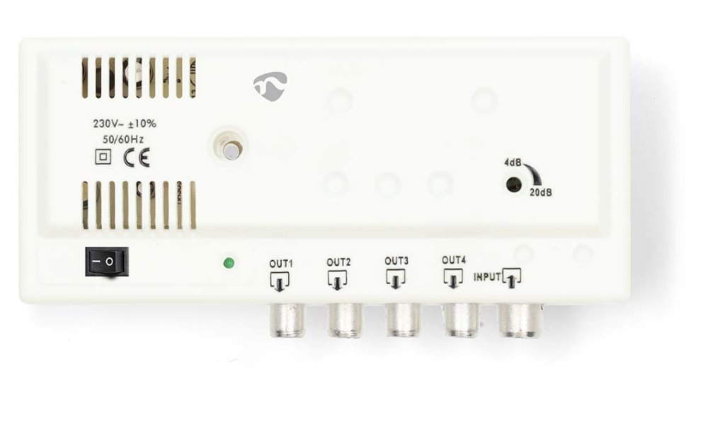 NEDIS zesilovač CATV/ maximální zesílení 20 dB/ 47 - 694 MHz/ 4 výstupy/ konektor IEC/ bílý