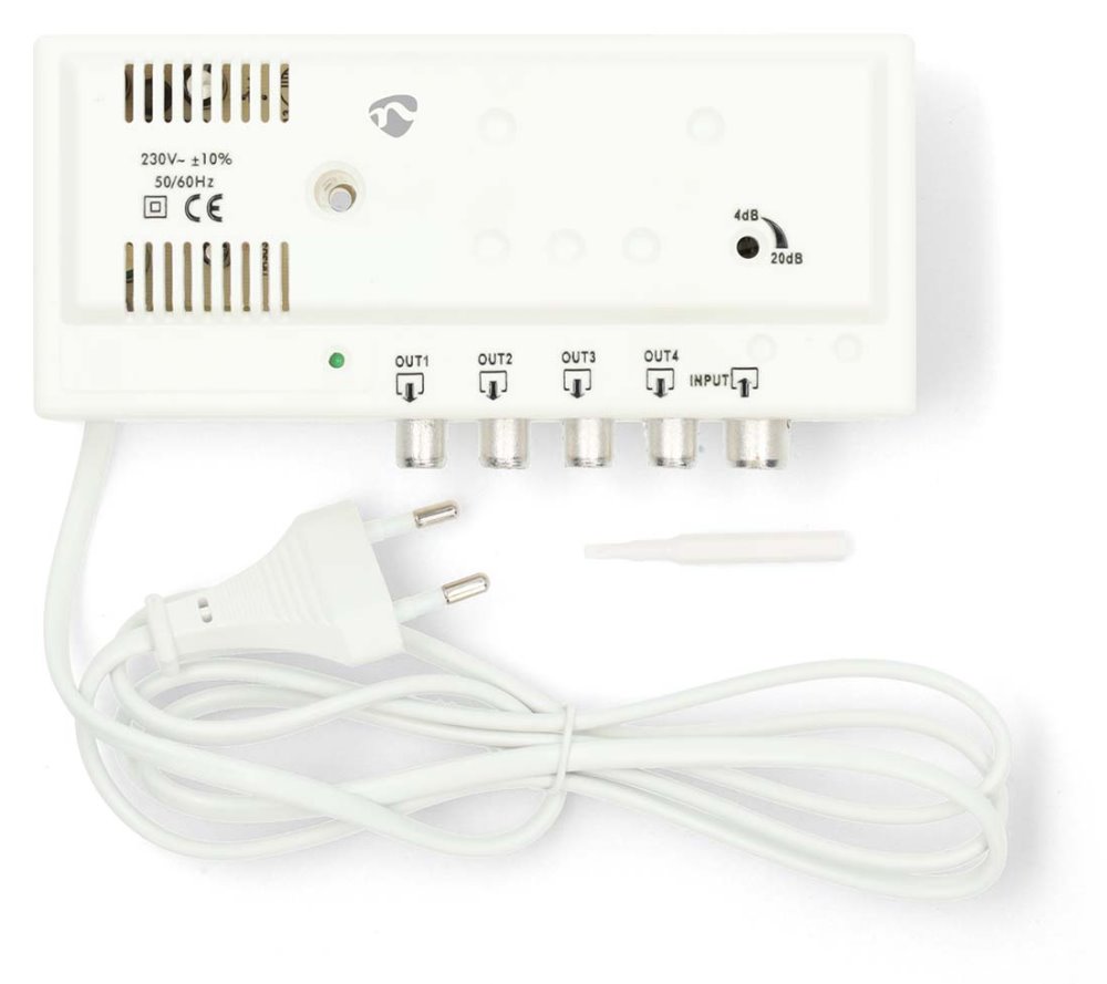 NEDIS zesilovač CATV/ maximální zesílení 20 dB/ 47 - 694 MHz/ 4 výstupy/ konektor IEC/ bílý