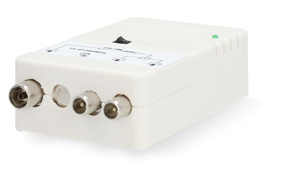 NEDIS zesilovač CATV/ maximální zesílení 25 dB/ 47 - 694 MHz/ 2 výstupy/ konektor IEC/ bílý