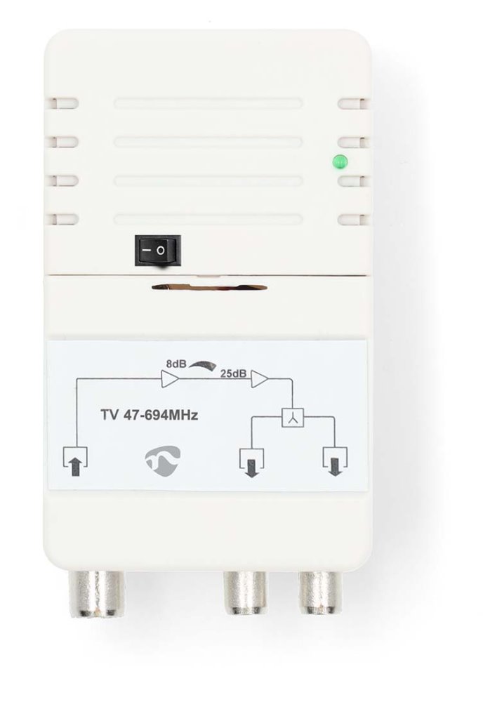 NEDIS zesilovač CATV/ maximální zesílení 25 dB/ 47 - 694 MHz/ 2 výstupy/ konektor IEC/ bílý