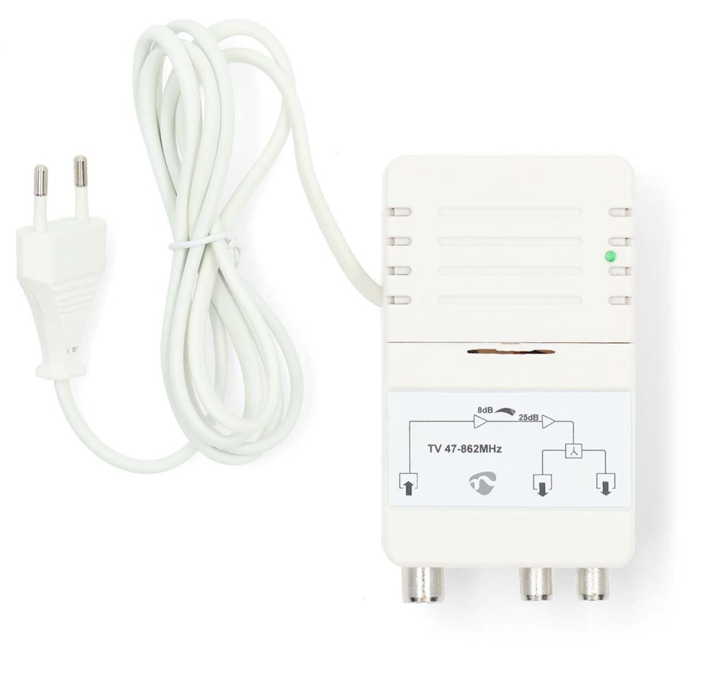 NEDIS zesilovač CATV/ maximální zesílení 25 dB/ 47 - 694 MHz/ 2 výstupy/ konektor IEC/ bílý