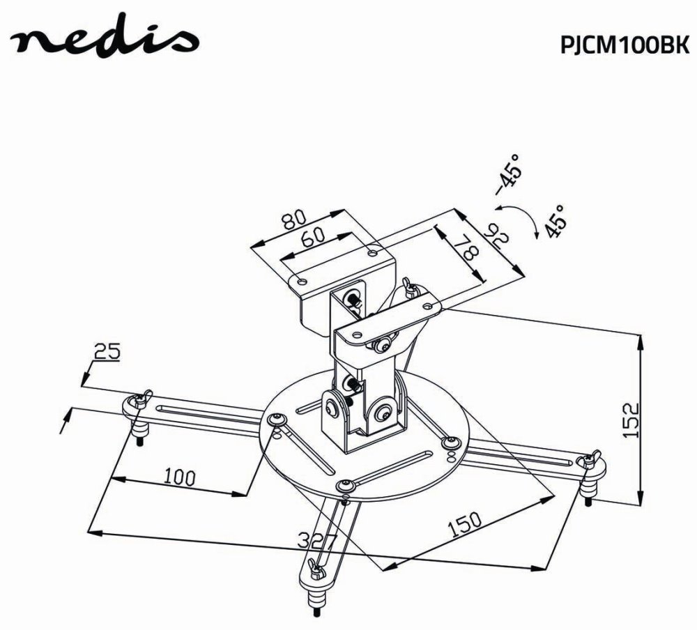 NEDIS stropní držák pro projektor/ Full motion/ nosnost 10 kg/ otáčení 360°/ 4 ramena/ ocel/ černý