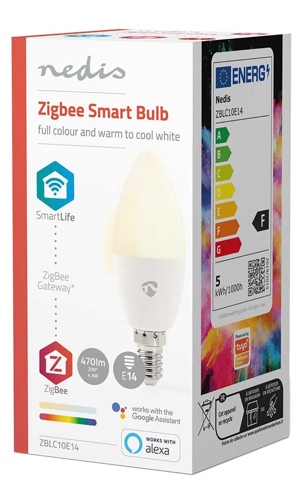 NEDIS chytrá LED žárovka/ Zigbee 3.0/ E14/ 9W/ 230V/ 470lm/ teplá až studená bíla/ 2700 - 6500K/ RGB/ stmívatelná