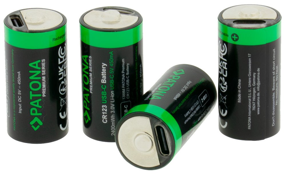 POŠKOZENÝ OBAL - PATONA nabíjecí baterie CR123A Li-lon 800mAh 3,7V s USB-C nabíjením, 4ks v balení