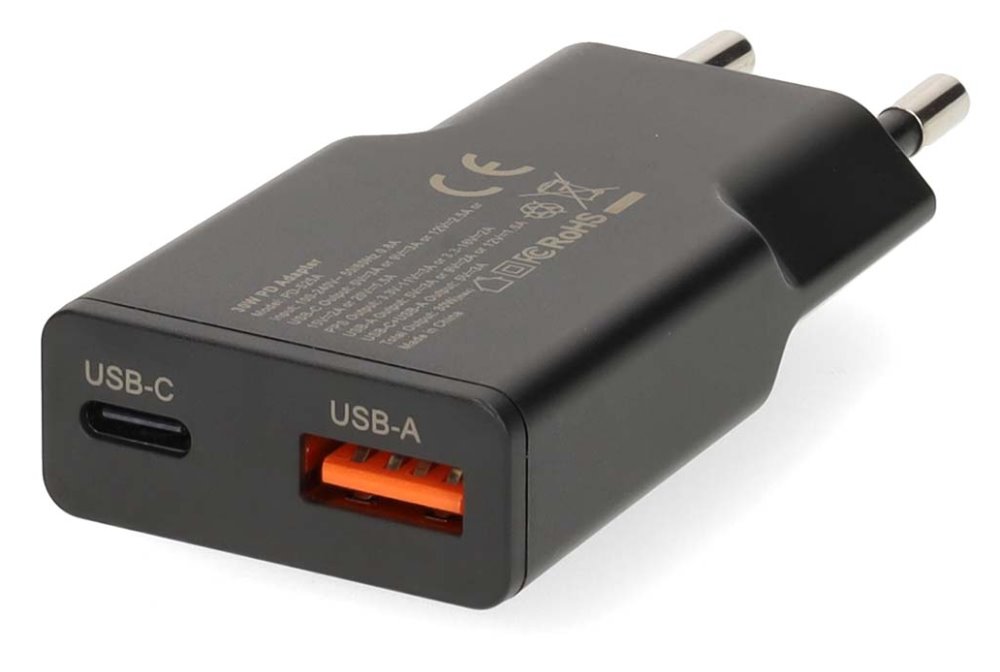 NEDIS síťová nabíječka/ 20 W/ PD 3.0/ rychlé nabíjení/ 1.5 / 2.0 / 2.22 / 3.0 A/ USB-A/ USB-C/ černá